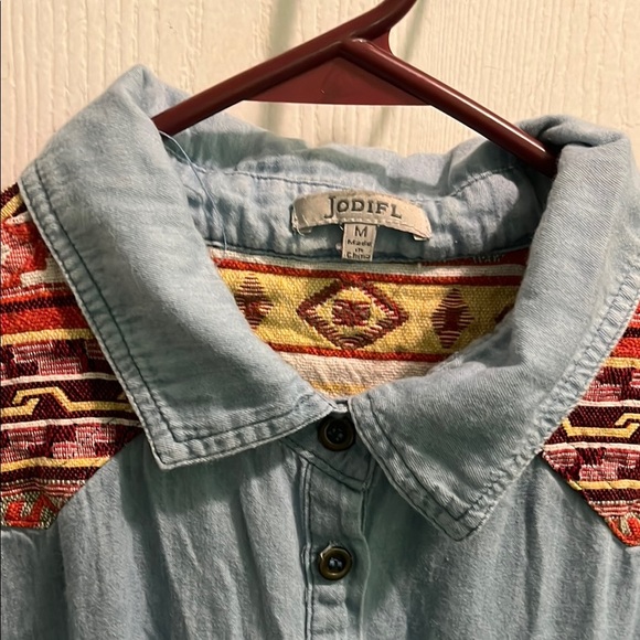 JODIFL Blue Button Down Shirt with Red Pattern - Picture 2 of 10